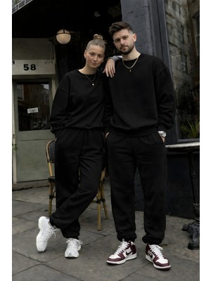 Yakamel Kadın Erkek Oversıze 3iplik Paçası Lastikli Bisiklet Yaka Eşofman Takımı (Tekli)