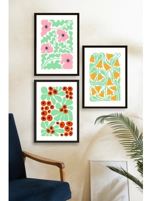 Marsilyan Çiçekler Üçlü Ahşap Çerçeveli Tablo 40 x 60