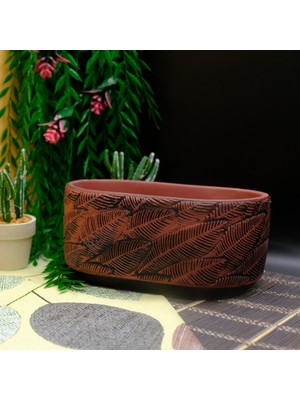 BGG Dekor Yaprak Desenli Dekoratif  Oval Eskitme Beton Saksı