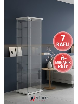 7 Raflı Kilitli Cam Vitrin Dolap Gümüşlük Koleksiyon Sergi Kitaplık Kapaklı Büfe Mutfak Raflı Detolf