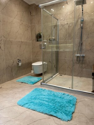 Doğuş Peluş Halı Tavşan Turkuaz Kaymaz Tabanlı 2'li Banyo Halısı Seti