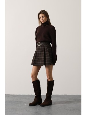 Cemo Ekose Desenli Pileli Mini Etek