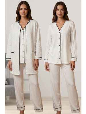 Effortt Ekru Kapitone Sabahlık Pijama Takımı