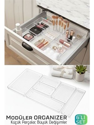İlk El Grup 6 Parça Modüler Kristal Çekmece Düzenleyici Seti - Lüks Makyaj, Takı ve Ofis Organizeri