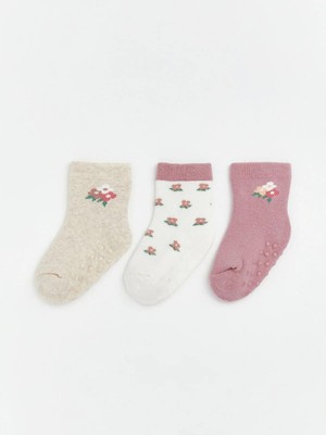 LC Waikiki Çiçekli Kaydırmaz Taban Kız Bebek Soket Çorap 3'lü  (W5)