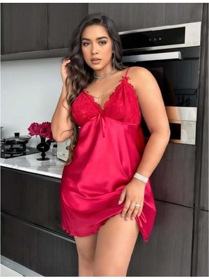 Marsilyan  Büyük Beden Kırmızı Dantel Işlemeli Saten Gecelik