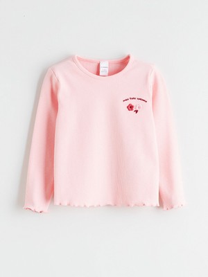 LC Waikiki Pembe Bisiklet Yaka Çiçekli Kız Bebek Tişört