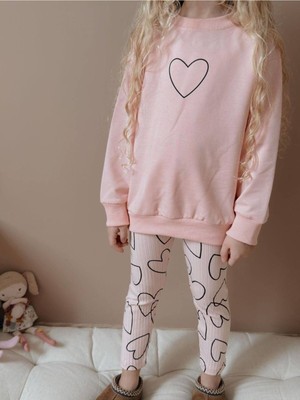 Yiğit Butik Kalp Baskılı Taytlı Kız Çocuk Alt Üst Takım
