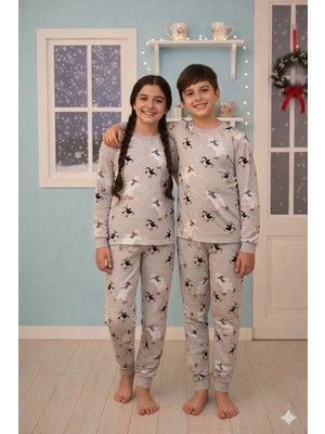 Alkın Kids 3-13 Yaş Kız-Erkek Çocuk(Unısex) %100 Pamuklu Penguen Desenli Uzun Kollu Pijama Takımı