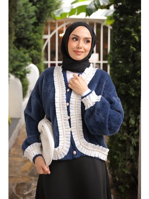 İmaj Butik Lacivert Piliseli Taş Detaylı Angora Yumoş Triko Hırka