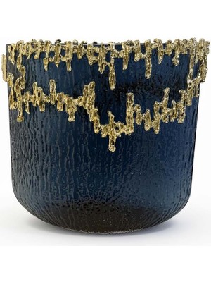 Lumienza Lüks Tasarım Cam Vazo Mavi 33X31 cm - Gold Işlemeli Şık Ev Hediyesi Dekoratif Obje