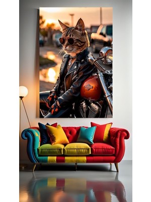 Özkacar Group Motorcu Kedi 1 Ev Duvar Salon Güzellik Salonu Ofis Dükkan Dekorasyon Kanvas Tablo