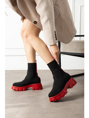 Shoetek Darve Kadın Bot Triko Dokumalı Lacivert Tabanlı Kırmızı