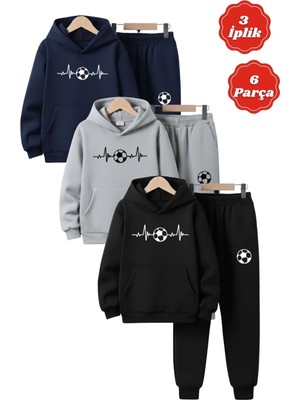 Fyk Kids 3 Iplik Kışlık Kalın Futbol Baskı Detaylı Kanguru Cepli Kapüşonlu 6 Parça Erkek Çocuk Eşofman Takımı