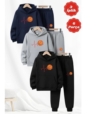 Fyk Kids 3 Iplik Kışlık Kalın Basketbol Baskılı Kanguru Cepli Kapüşonlu 6 Parça Erkek Çocuk Eşofman Takımı
