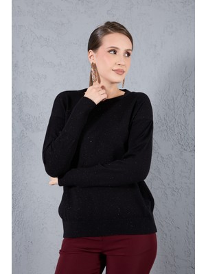 Moda Days Kadın Siyah Geniş Manşetli Bisiklet Yaka Parıltılı Triko Bluz