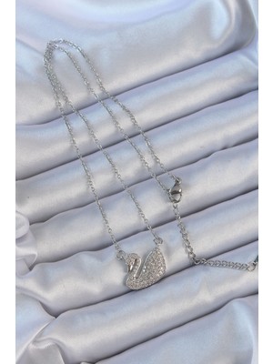 Marsilyan 316L Çelik Zincir Gümüş Renk Zirkon Taşlı Kuğu Kolye