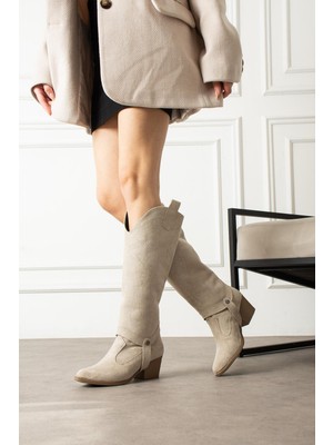 Shoetek Lirna Kadın Kovboy Çizme&bot  Farklı Kullanımlı Desenli Bej Süet