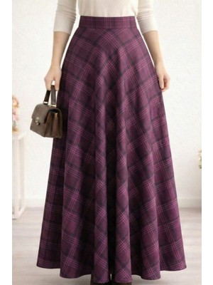 Kadın Ekose Kumaş Desenli Bordo Etek