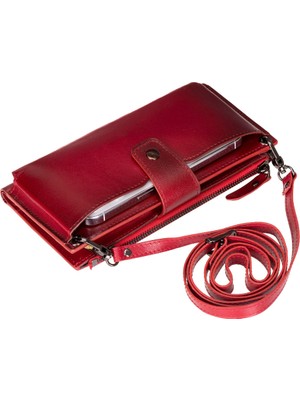 BloominBag Lozan Strap Crimson Red Gerçek Deri Omuz Askılı Telefon Bölmeli Cüzdan Çanta