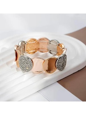 Huma Butik Takı Aksesuar Gold & Gümüş Detaylı Taşlı Oval Plaka Bileklik