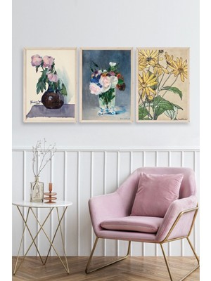 Marsilyan Vazodaki Çiçekler Üçlü Ahşap Çerçeveli Tablo 40 x 60