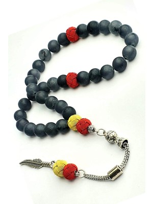 Mat Hematit Taşlı Sarı Kırmızı Kazaziye Detaylı Çelik Püsküllü Tesbih