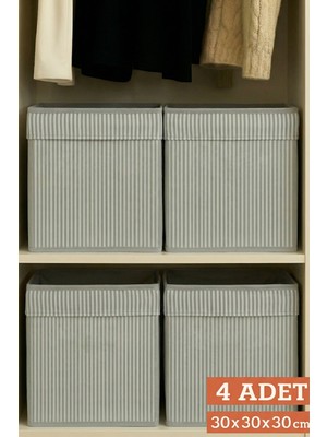 Luxway Home 4’lü Gri Çizgili Kumaş Dolap Içi Düzenleyici Kutu - 30X30X30 cm Katlanabilir Çok Amaçlı Saklama Kutusu