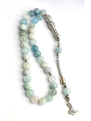 Doğal Aquamarin Taşlı Çelik Püsküllü Tesbih