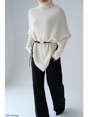 Cemo Asimetrik Kesim Balıkçı Yaka Triko Poncho Kazak