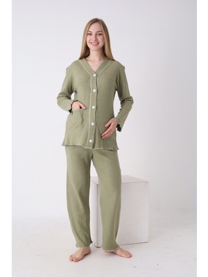 Jenika Önden Düğmeli Rahat Kalıp Ayarlanabilir Bel Kol ve Paça Fırfır Detaylı Hamile Lohusa Pijama Takımı