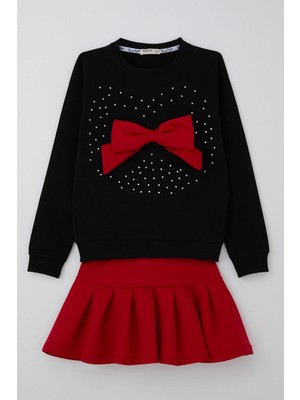 Breeze Kız Çocuk Etekli Takım Taş Işlemeli Fiyonk Aksesuarlı 6-12 Yaş, Siyah