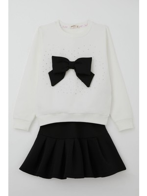 Breeze Kız Çocuk Etekli Takım Taş Işlemeli Fiyonk Aksesuarlı 6-12 Yaş, Beyaz