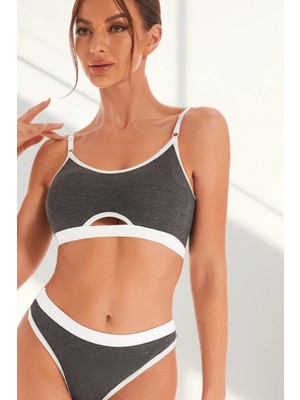 Çamaşır Kenti Kadın Gri Antrasit Kaşkorse ve Beyaz Lastikli Cut-Out Tanga Külotlu Takım