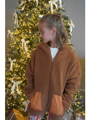 Reycan Kız Çocuk Peluş Mont Kapüşonlu Fermuarlı 5-8 Yaş, Kahverengi