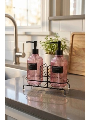Modern Çizgili Yuvarlak Cam Ikili Sıvı Sabunluk & Deterjanlık Seti, Pembe- 500 ml Cam Sabunluk