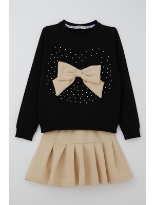 Breeze Kız Çocuk Etekli Takım Taş Işlemeli Fiyonk Aksesuarlı 6-12 Yaş, Siyah