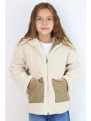 Reycan Kız Çocuk Peluş Mont Kapüşonlu Fermuarlı 5-8 Yaş, Taş