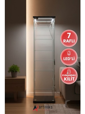 7 Raflı Uzaktan Kumandalı Kilitli Ledli Cam Vitrin Dolap Gümüşlük Koleksiyon Sergi Kitaplık Mutfak