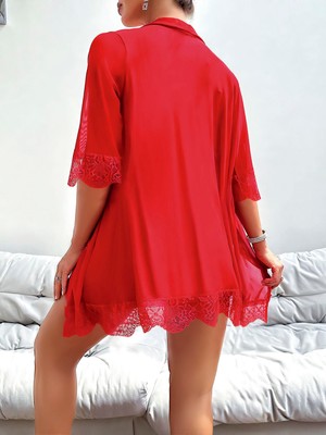 Çamaşır Kenti  Özel Tasarım Dantel Işlemeli Göğüs Dekolteli Sabahlıklı Kırmızı 2'li Tül Gecelik Takı