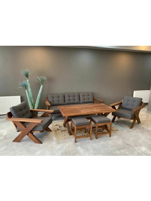 Zerka Concept Verona Masif Ahşap Bahçe Balkon Koltuk Takımı Kestane Ağacı 3+1+1 Koltuk, Masa ve Puf Takımı Antrasit