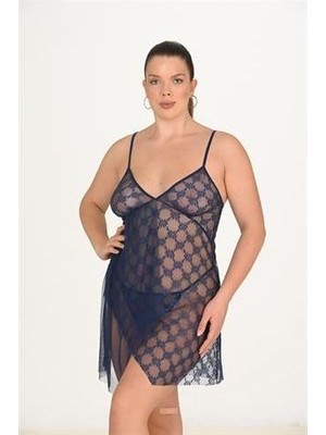 Marsilyan Büyük Beden Lacivert Dantel İşlemeli Tül Gecelik