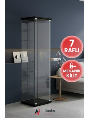 7 Raflı Kilitli Cam Vitrin Dolap Gümüşlük Koleksiyon Sergi Kitaplık Kapaklı Büfe Mutfak Raflı Detolf
