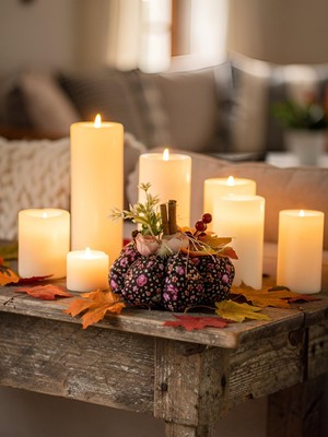 Florivya Design Çiçek Desenli El Yapımı Balkabağı Sonbahar Mumlu Masa Dekoru