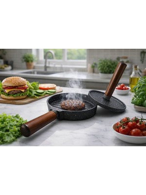 AYS Döküm Demir Hamburger Presi ve Köfte Kalıbı - Et Mühürleme, Alt Üst Homojen Pişirme