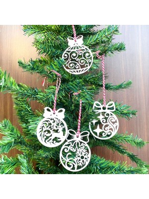 İlk El Grup 10 Parça Kırmızı Beyaz Ipli Fiyonk Model Ahşap Yılbaşı Ağaç Süsü