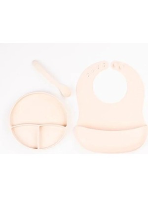 LaraTech Krem Rengi 3’lü Silikon Yemek Seti – Önlük + Diş Kaşıyıcılı Kaşık + Vakumlu Tabak