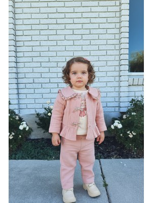 Magu Kız Bebek Pamuklu Pudra Yakalı Müslin 3'lü Takım - Ceket Tişört Pantolon