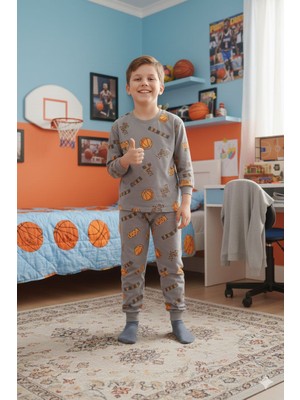 Alkın Kids 3-13 Yaş Erkek Çocuk %100 Pamuklu Basketbol Desenli Uzun Kollu Pijama Takımı