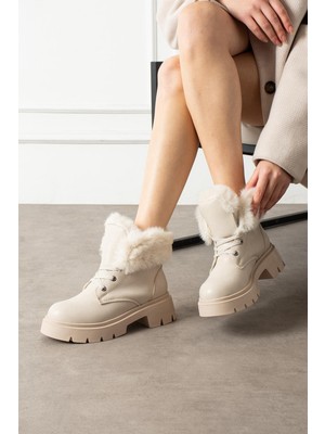 Shoetek Dars Kadın Bot Bağcıklı Yaka Kürklü Bej Deri